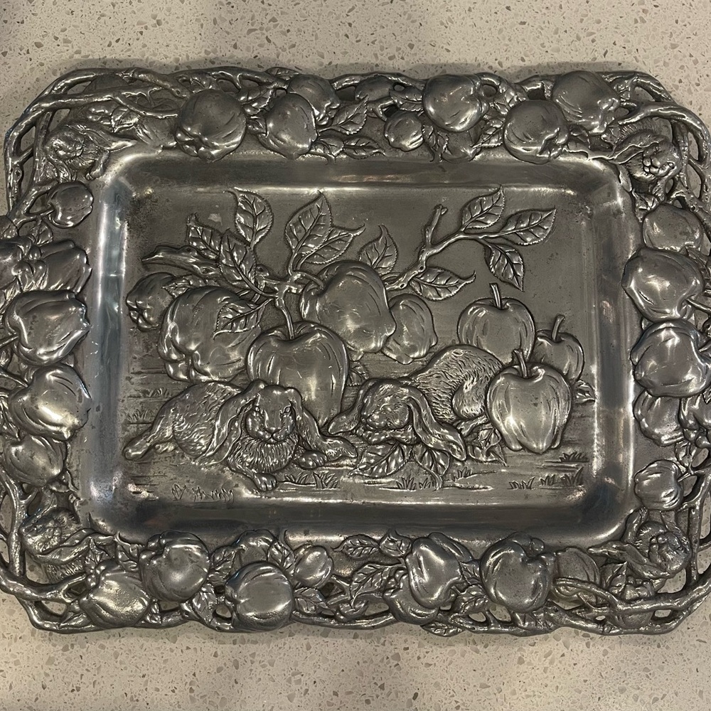 Arthur Court Serving Tray Harvest Apples Rabbits 19”x14” Signed